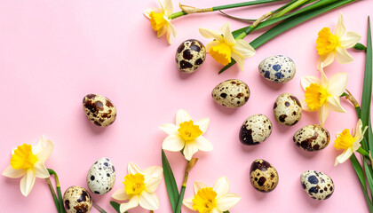 Quail eggs scattered on pink background with daffodil blooms. Happy Easter. Minimalist flat lay