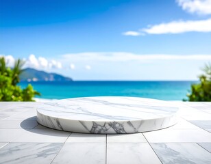 Round marble pedestal overlooking a beach