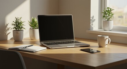 Fototapeta premium Modern home office setup with laptop, notebook, coffee mug, and smartphone on wooden desk, soft morning light, minimal style