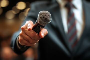 Businessman delivers presentation with a microphone at a corporate event in a modern conference room on a weekday afternoon