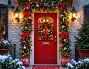 Fototapeta premium a festive townhouse door with lush garlands of spruce, decorated with candy canes, gingerbread ornaments, and red ribbons, glowing with whimsical holiday spirit.