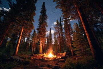 Campfire warmth illuminates the forest under a starlit sky during a peaceful night outdoor gathering in nature