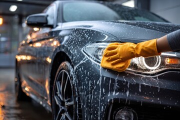 Close up of a gloved hand washing a car with soapy water during a detail service at a car wash in the evening