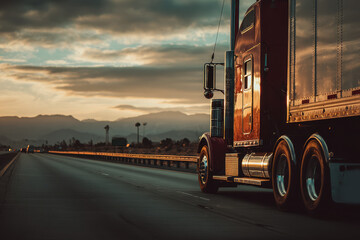 Cargo truck travels along scenic highway during sunset near distant mountains and palm trees in tranquil atmosphere