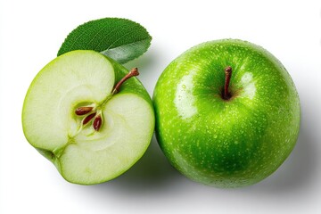 Two fresh green apples, one whole, one halved, with a leaf