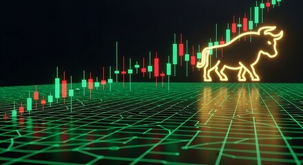 Bull Market Trend Chart with Neon Bull Silhouette