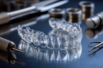 Clear dental aligners positioned on a reflective surface with dental tools and metal fixtures in a bright and clean environment