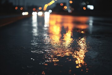 Close up view of dark wet pavement reflecting city lights during a rainy evening