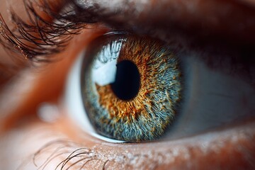Close up of a human eye showcasing intricate details of the iris and pupil, highlighting vibrant colors and textures in natural lighting conditions