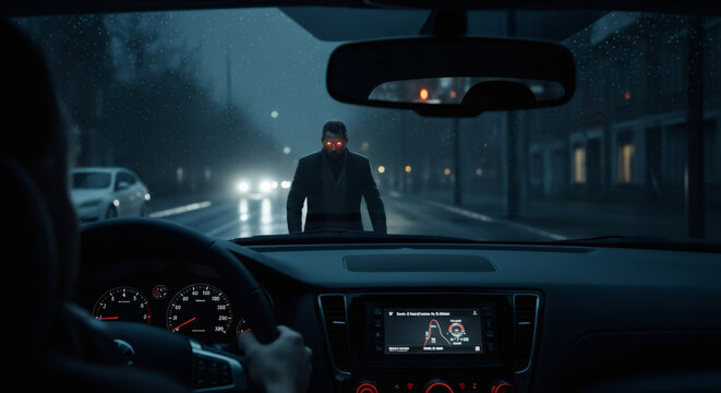 Person sees demon or supernatural man with glowing red eyes standing on a wet street at night. Horror and paranormal encounter concept.