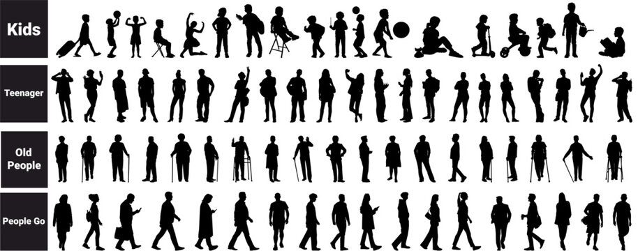 silhouettes of architecture drawing people. Architectural drawing kids, teenagers, grandparents or old people and people go set in row section elevation view. characters in architectural.