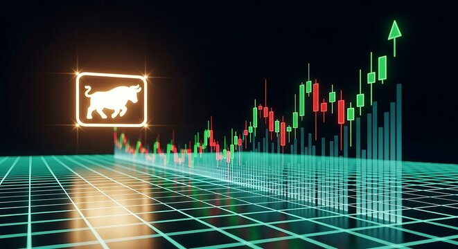 Bullish Market Trend: Glowing Bull Icon with Rising Stock Chart
