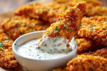 Crispy fried chicken strips served with a creamy dipping sauce on a wooden table, perfect for lunch or dinner gatherings