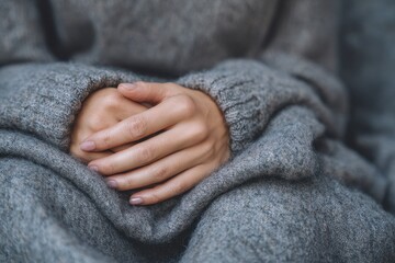 Close-up of hands gently folding a soft gray blanket in a cozy indoor setting, showcasing intricate textures and hand movements during a quiet moment of relaxation