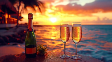 Romantic sea beach. Two glasses of champagne, azure sea background, ocean