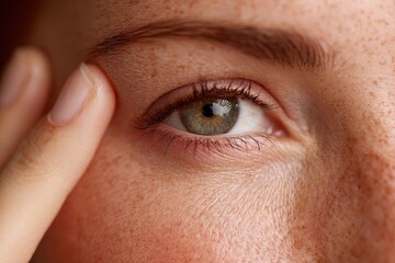 Obraz premium Close-up view of a woman gently touching the skin around her eye in a warm, soothing setting during daylight hours