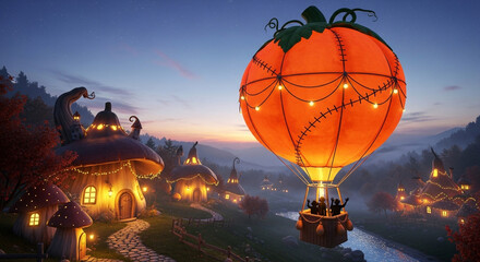 Obraz premium A whimsical halloween scene with a giant pumpkin hot air balloon floating over a charming village at twilight, creating a magical and festive atmosphere