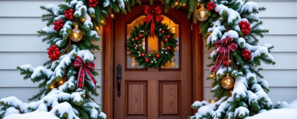 a snowy wooden farmhouse door surrounded by garlands of pine and spruce, decorated with plaid ribbons, glowing fairy lights, and cranberries.
