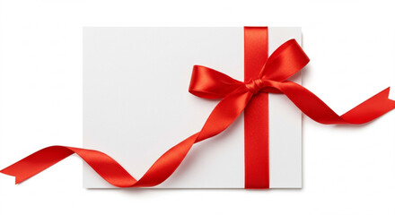 Blank white card with red ribbon and bow on white background