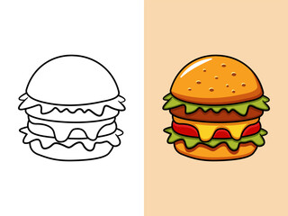 Cartoon Cheeseburger with Lettuce, Tomato, and Cheese. Delicious fast food, tasty hamburger vector illustration.