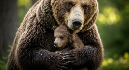 Fototapeta premium Protective mama bear and cub in forest