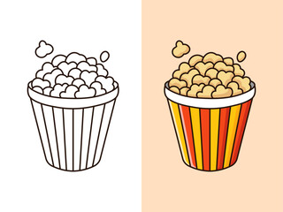 Cartoon Popcorn Bucket Vector Illustration – Outline and Colored Version