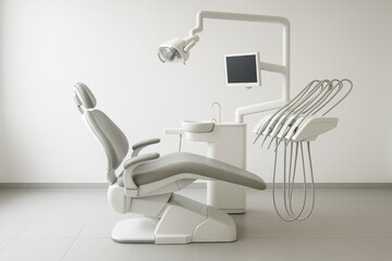 Modern dental office with ergonomic chair, dental tools, and equipment in clean, minimalist environment.