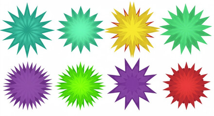 Collection of eight colorful starburst shapes on a white background