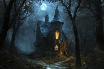 Fototapeta premium A mysterious, stone cottage shrouded in a misty, moonlit forest, illuminated by an inner light, creates a captivating and eerie atmosphere.