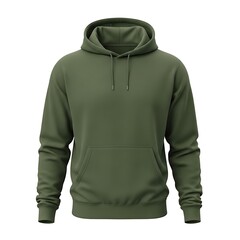 A plain olive green pullover hoodie with a kangaroo pocket and drawstrings, shown from the front on a white background.