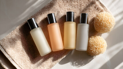 bath accessories on wooden background