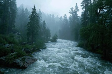 Dramatic zoom of a river rushing through a misty forest landscape during early morning hours in a tranquil natural setting