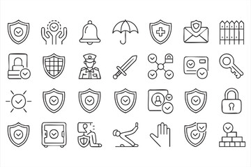 Naklejka premium Outline icon pack of shield, lock, and surveillance symbols