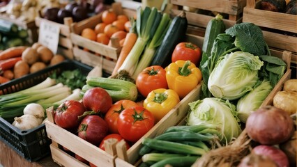 Fresh Produce Display: Assorted Vegetables in Wooden Crates