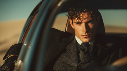 sharp-featured man, wearing a three-piece dark suit with a waistcoat and leather gloves, sitting in the front seat of a luxury car