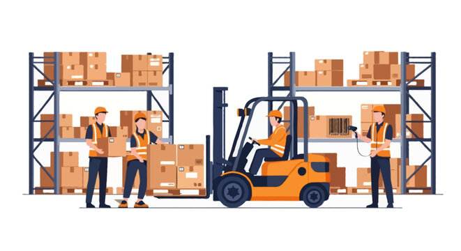 Flat vector faceless illustration of warehouse workers organizing boxes on shelves, forklift moving pallets, barcode scanner in use, modern flat style, isolated on white background