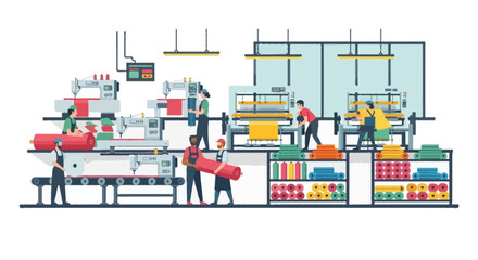 Fototapeta premium Flat vector illustration of textile factory with sewing machines, automated looms, workers handling fabric rolls, modern production environment, isolated on white background