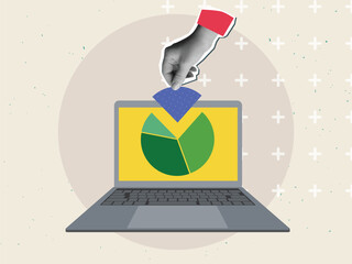 Black and white hand takes  a part of round diagram from the laptop screen.  Modern collage style. Vector illustration