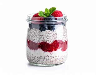 Healthy chia seed pudding in a glass jar with fresh berries, jam, and mint, isolated on white.