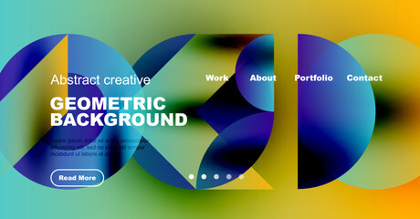 Vibrant geometric design. Colorful overlapping shapes create modern website header. Text promotes creative portfolio, contact options visible.