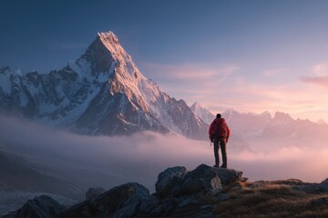 Fototapeta premium Expedition through majestic mountain landscapes at dawn with adventurous hiker gazing at breathtaking peaks