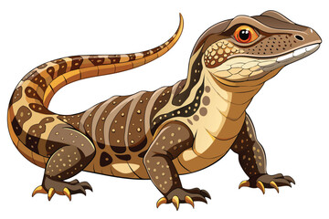 Detailed Cartoon Illustration of a Brown and Tan Lizard with Striking Orange Eyes and Curled Tail on a White Background