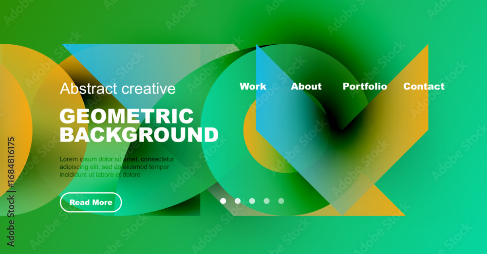 Poster modern website header design. vibrant green, yellow shapes overlap text, navigation links present. c