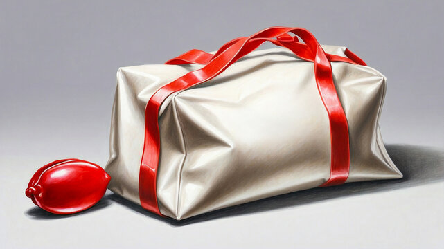 White Duffle Bag with Red Straps and Accessory