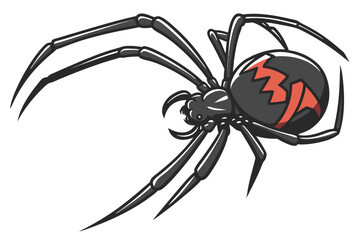 Illustration of a Black Widow Spider with a Red Hourglass Shaped Marking on its Abdomen and Long Legs