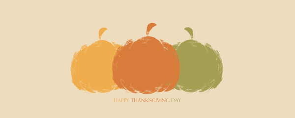 Happy Thanksgiving Day festive banner with color brush stroke pumpkins. Vector illustration.