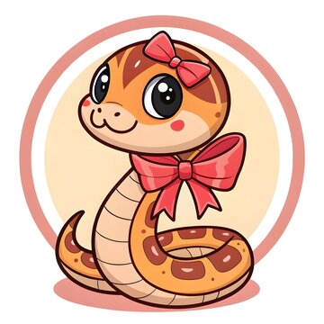 Adorable Chibi Rufous Beaked Snakelet Wrapped in a Bright Candy Bow, Sweet Kawaii Cartoon Illustration Radiating Playful Magic, Pastel Delight, Innocence, Joy, and Charm