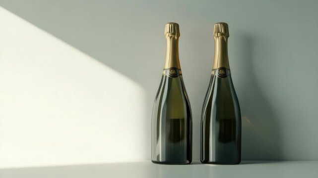 Two champagne bottles with golden foil, casting shadows on white surface