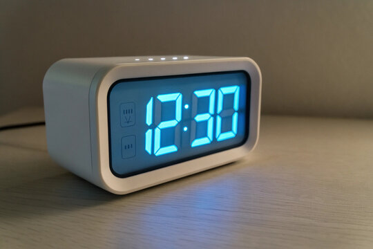 Modern digital alarm clock displaying 1230 with blue neon light on a table