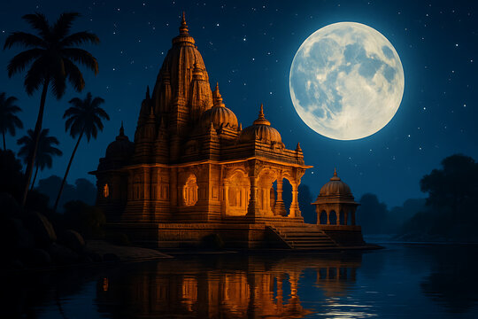 A magical night scene of a hindu temple reflected in a river, bathed in the soft glow of a full moon for the festival of sharad purnima